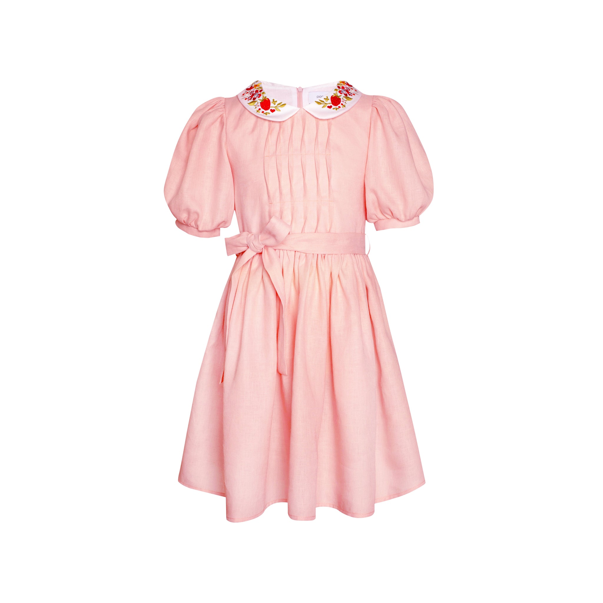Linen Dress with Belt and Embroidered Collar Afternoon, Pink Linen Dress with Belt and Embroidered Collar Afternoon, Pink