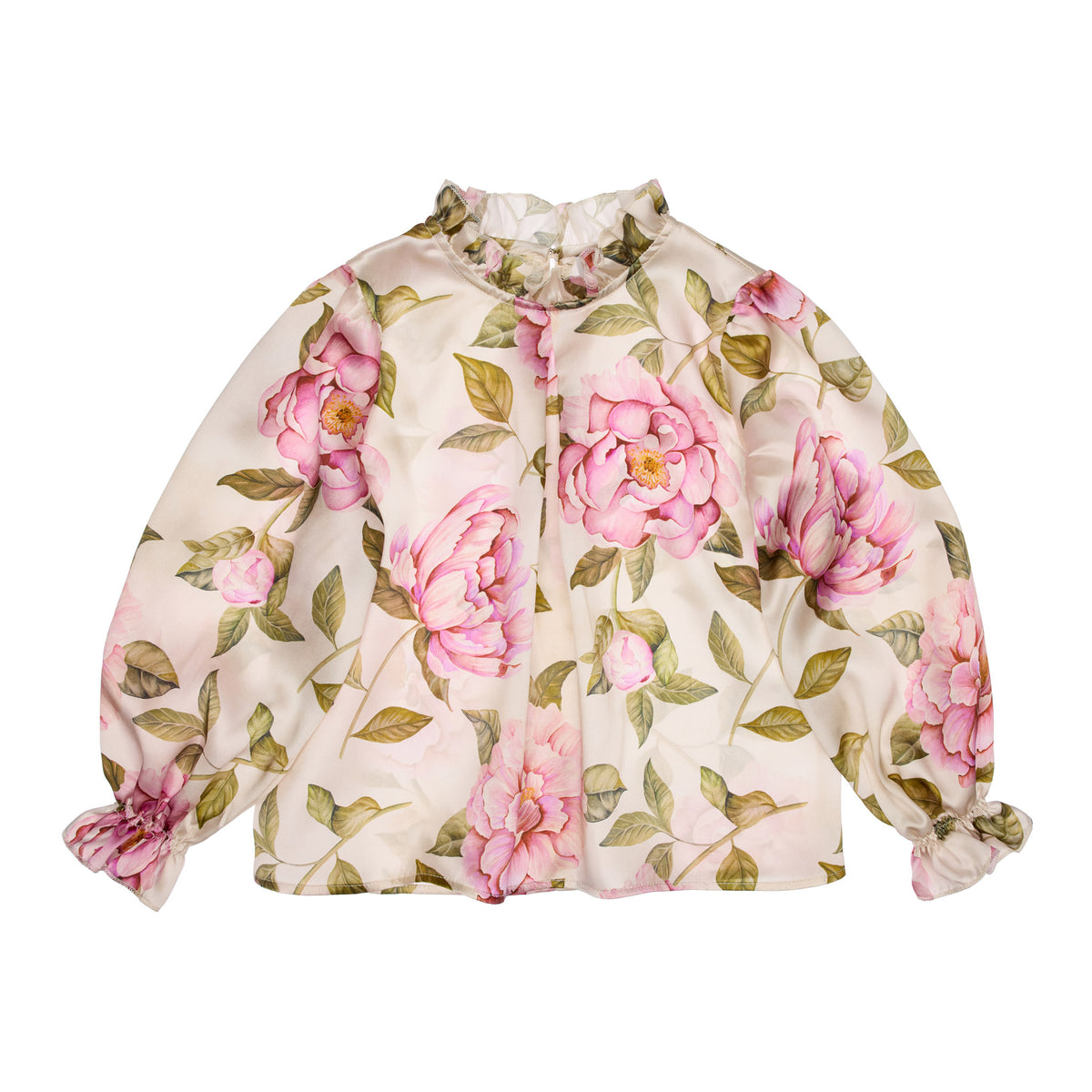 Florence Silk Blouse With Ruffled Stand-up Collar, Milkwhite