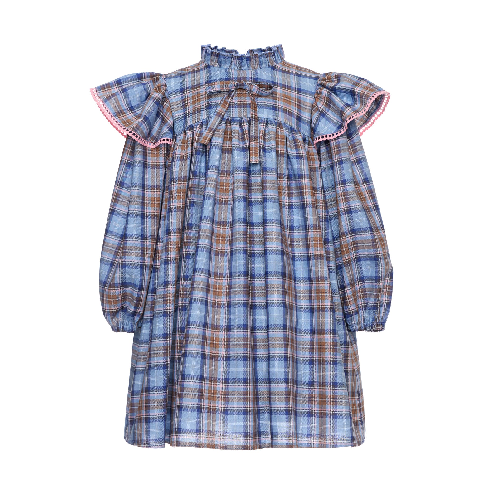 Willow Cotton Dress With Ruffled Stand-up Collar, Blue