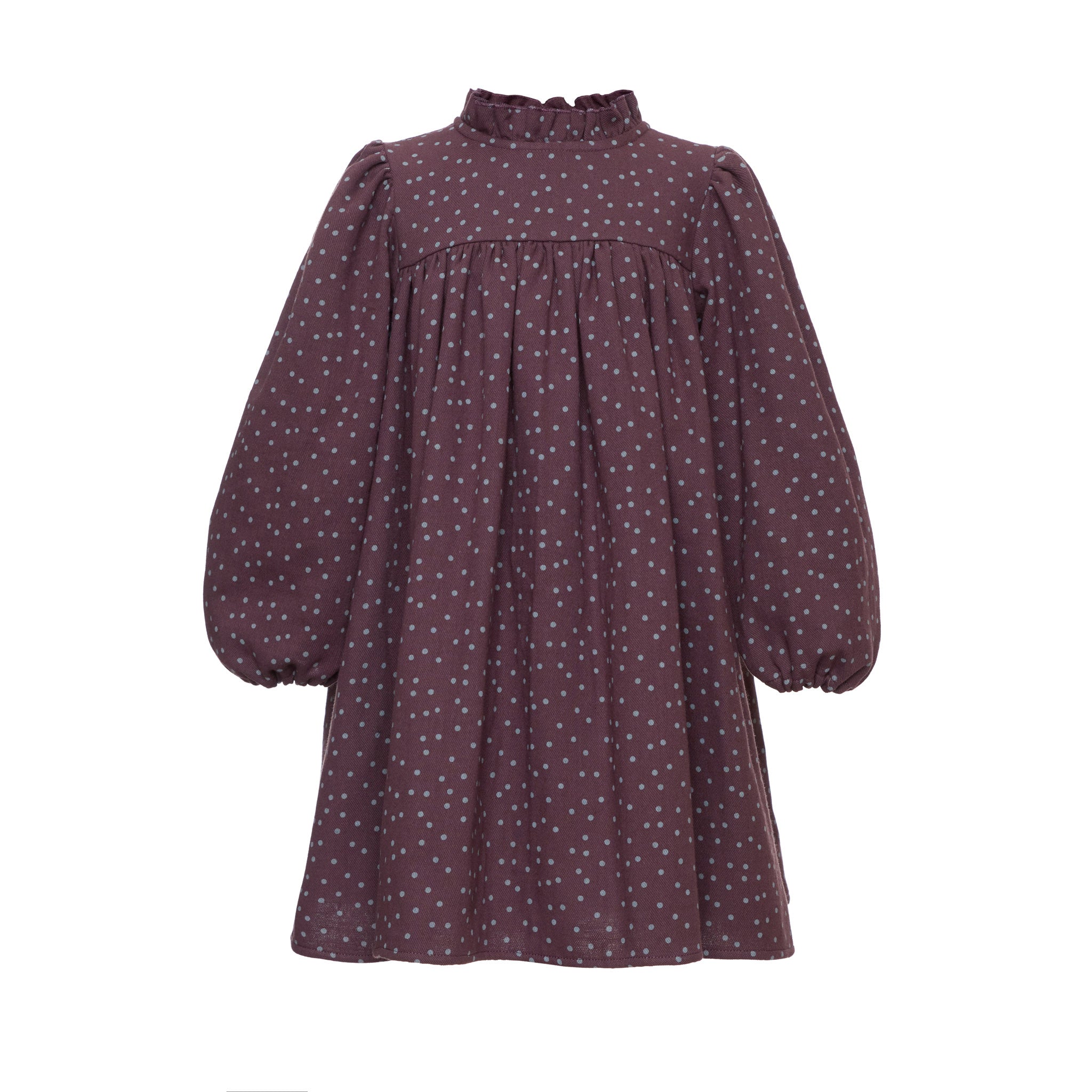 Clover Corduroy Dress With Ruffled Stand-up Collar, Aubergine