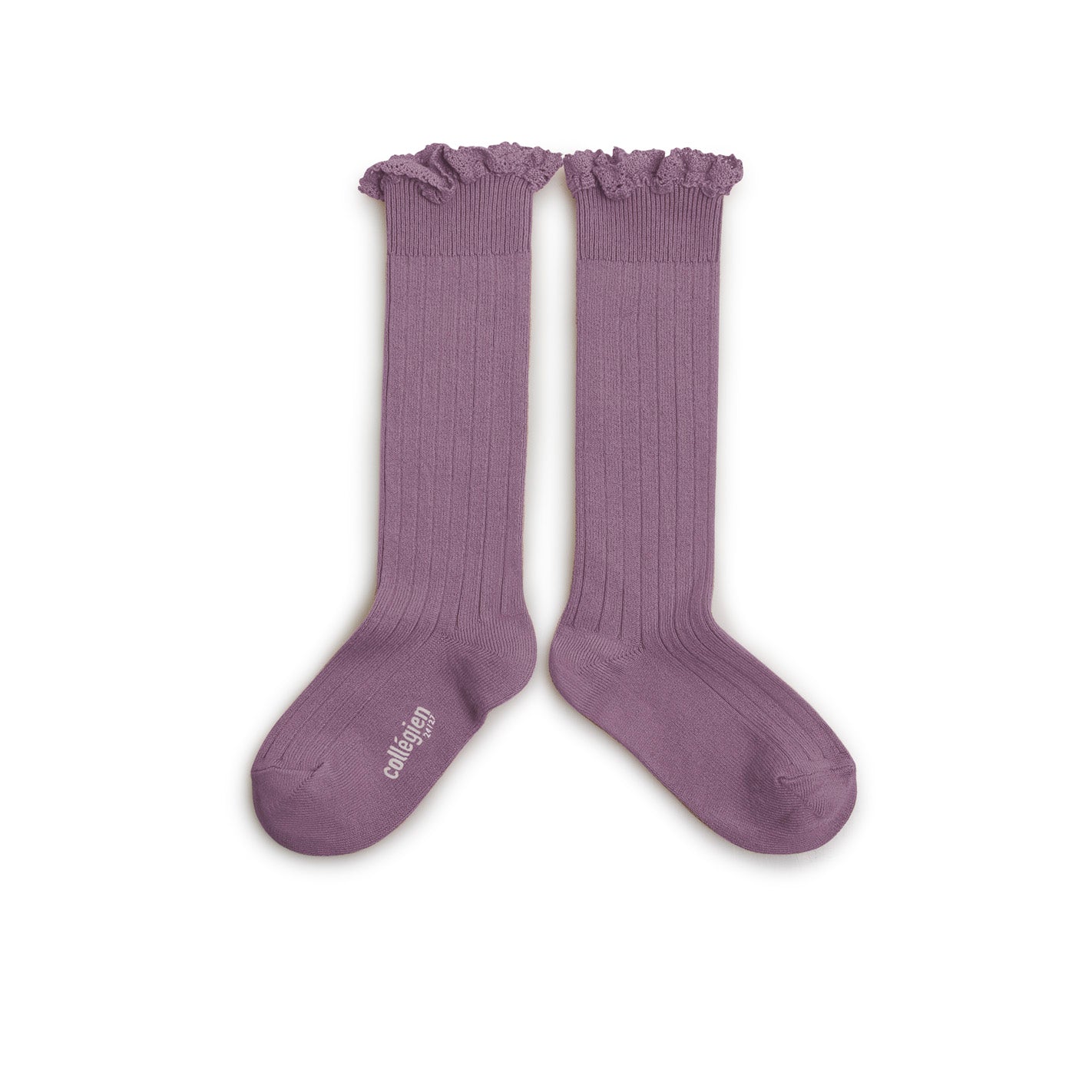 High ribbed socks with lace Josephine, Japanese Wisteria