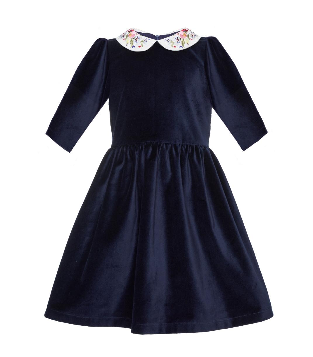 Haven Velvet Maxi Dress With Embroidered Peter Pan Collar Long Sleeves, Dark Blue