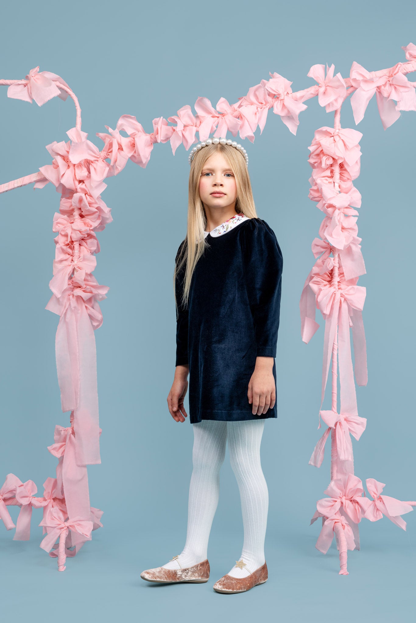 Haven Velvet A-Line Dress With Embroidered Peter Pan Collar, Dark Blue