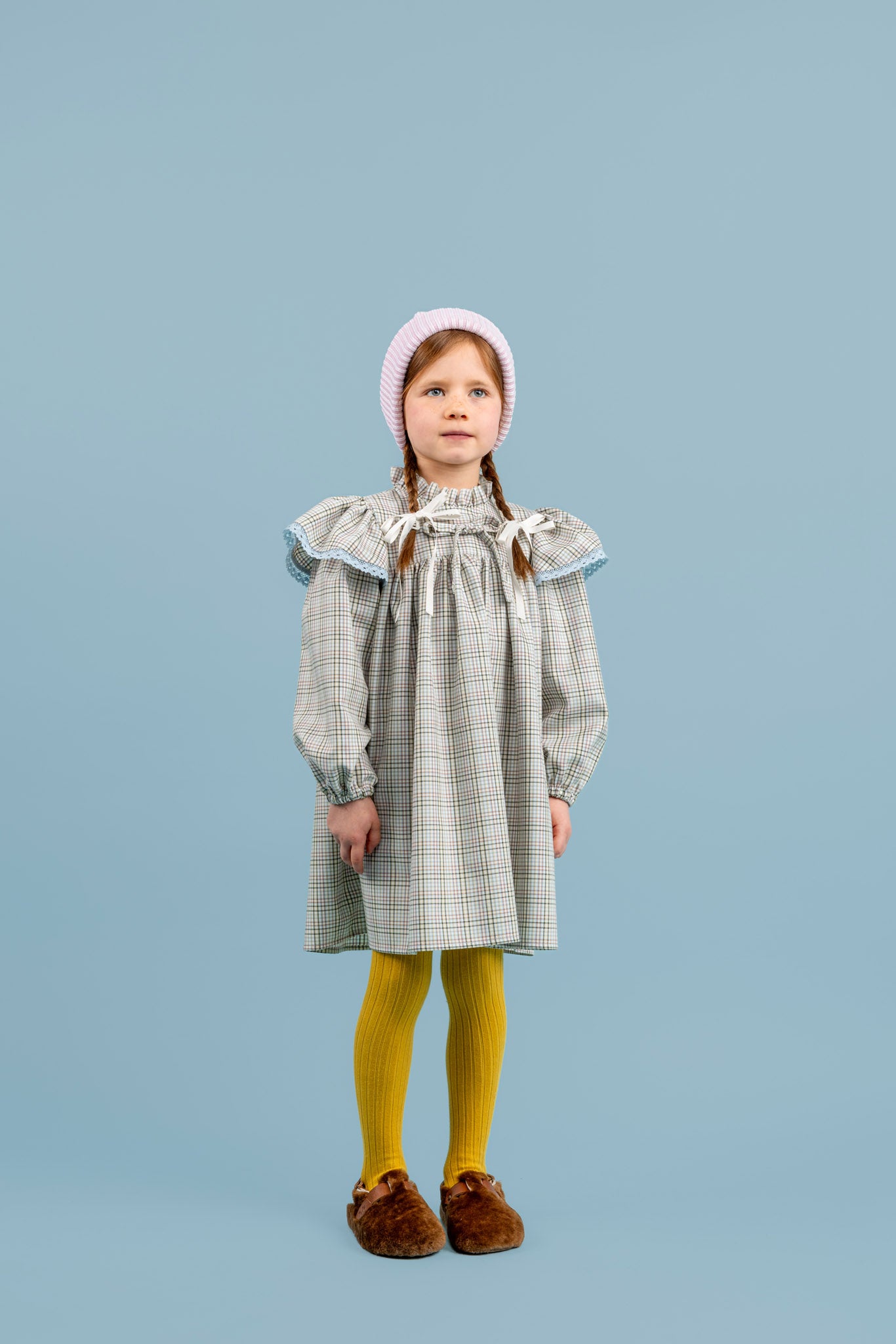 Heather Cotton Dress With Ruffled Stand-up Collar, White