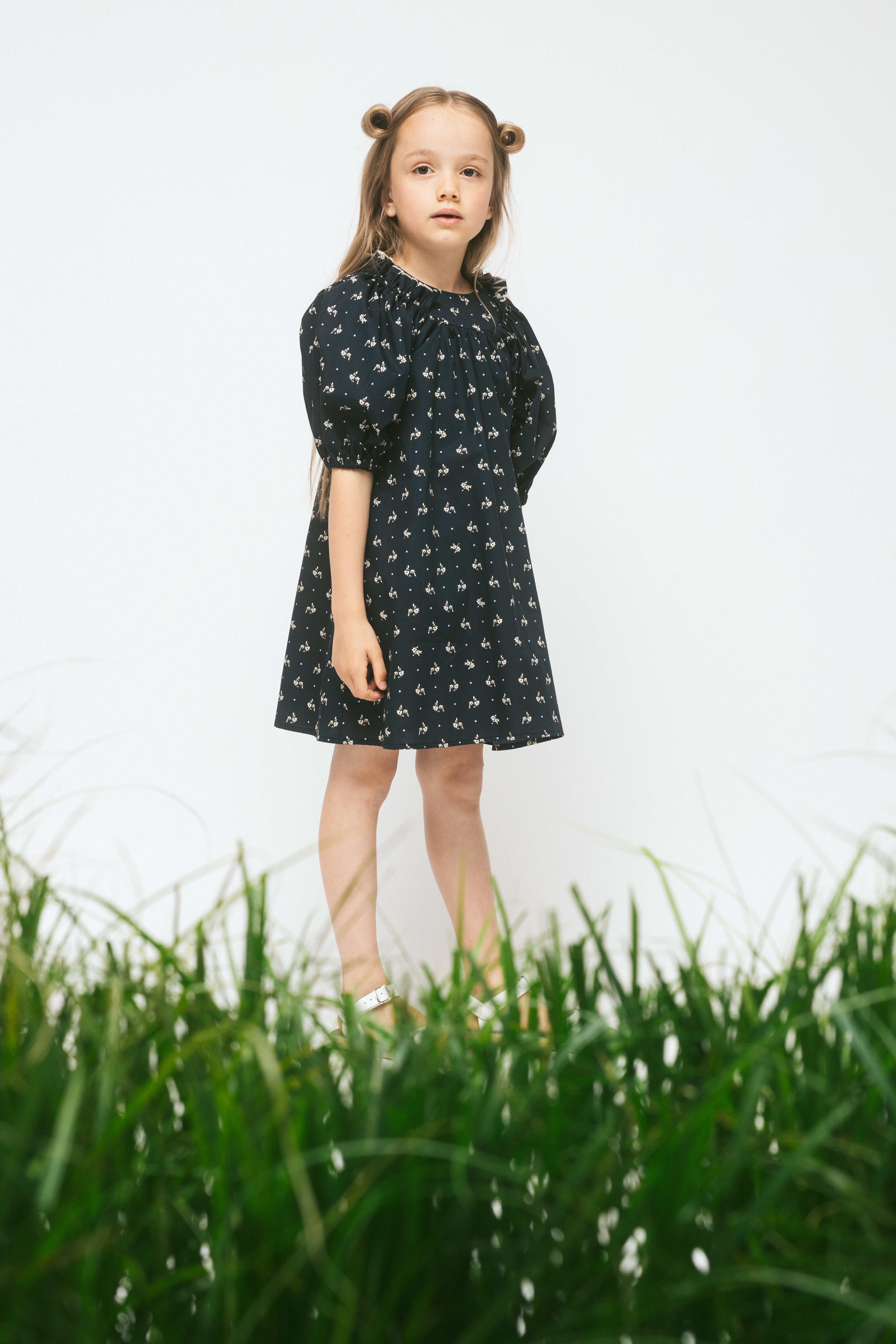 Cotton Puff Sleeve Dress Pearl, Black