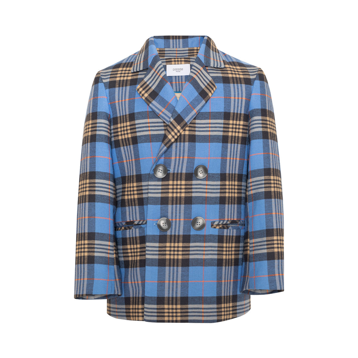 Cotton Double Breasted Blazer Tartan Plaid, Blue