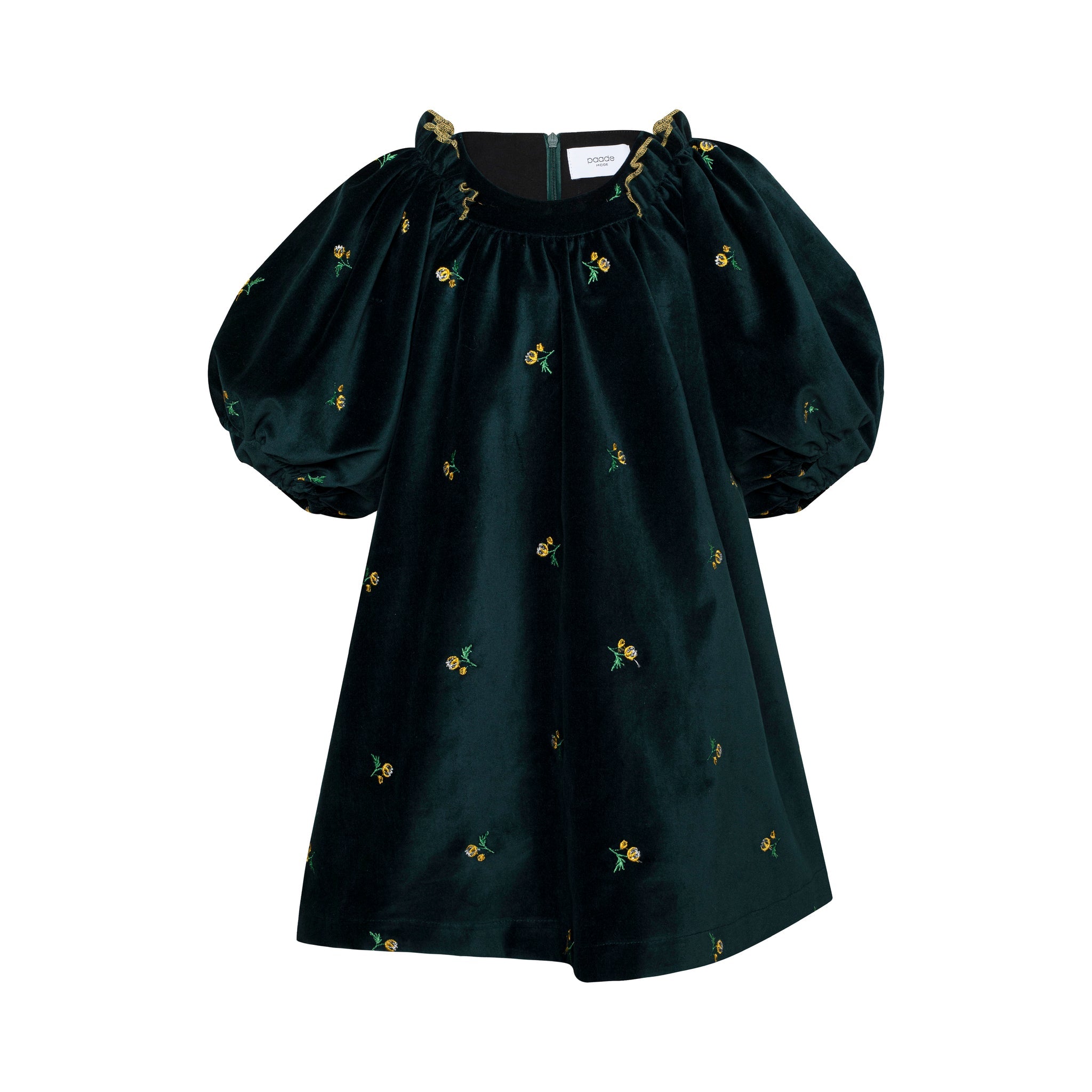 Cotton Velvet Dress Puff Sleeves Emerald, Green