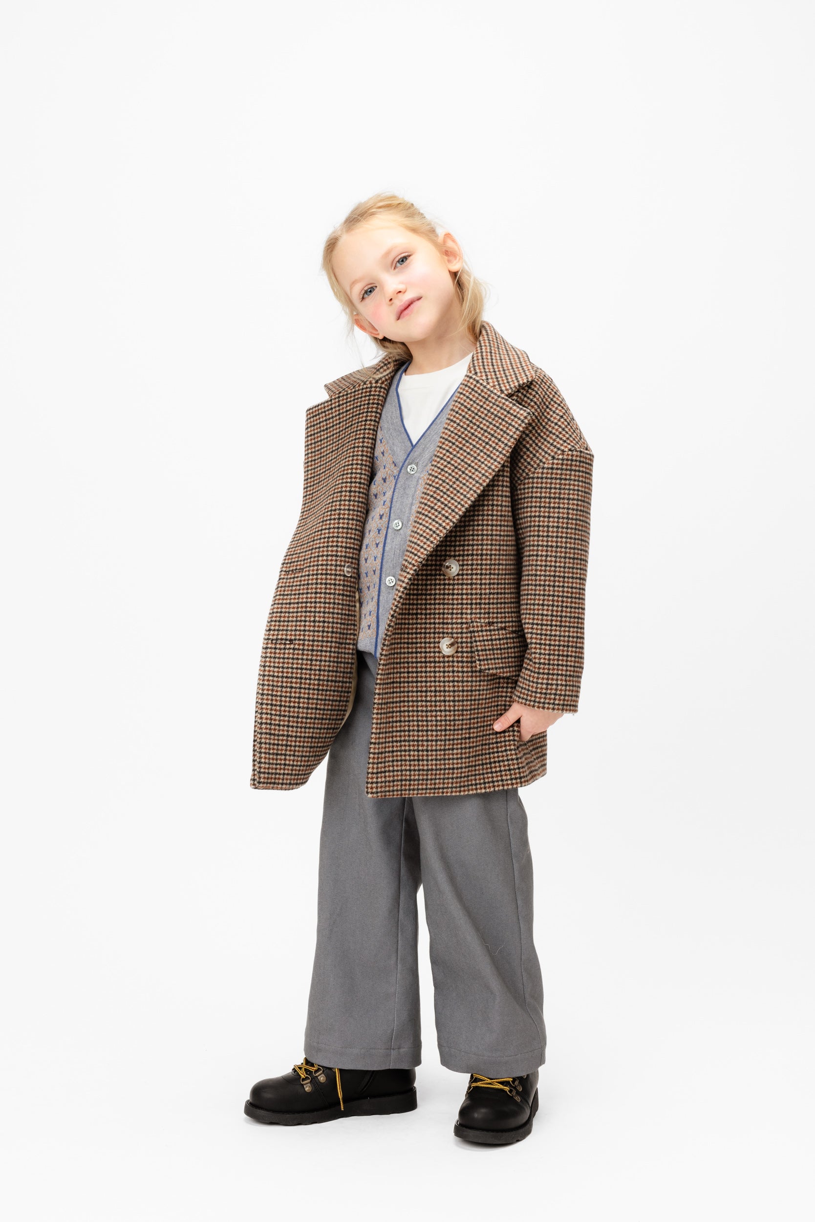 Virgin Wool Oversize Coat Houndstooth, Brown