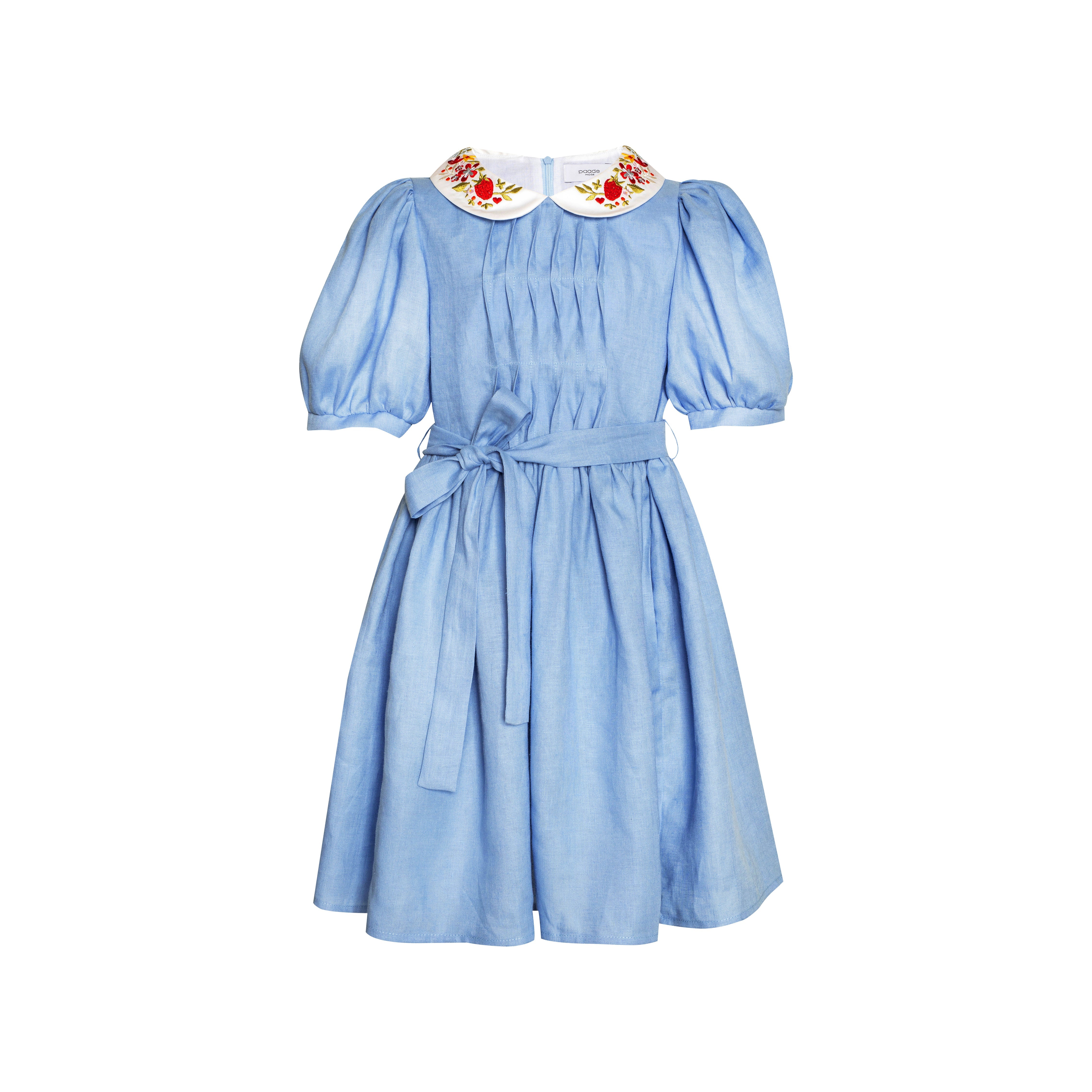 Linen Dress with Belt and Embroidered Collar Afternoon, Blue