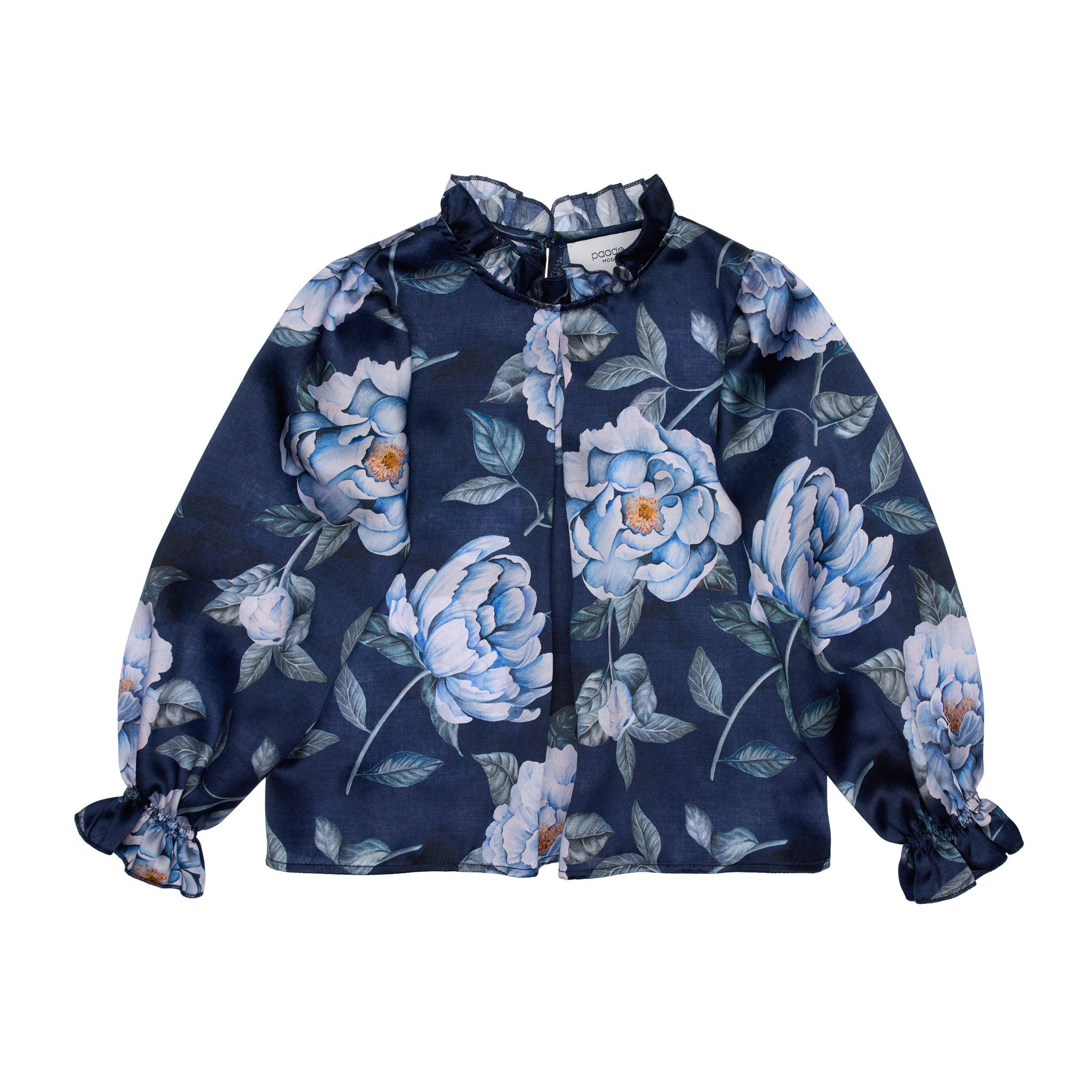 Florence Silk Blouse With Ruffled Stand-up Collar, Blue