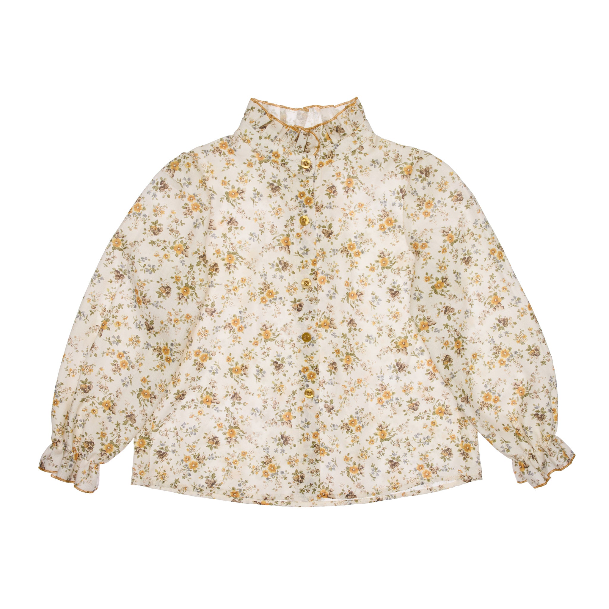 Joan Cotton Blouse With Ruffled Stand-up Collar, Yellow Flower