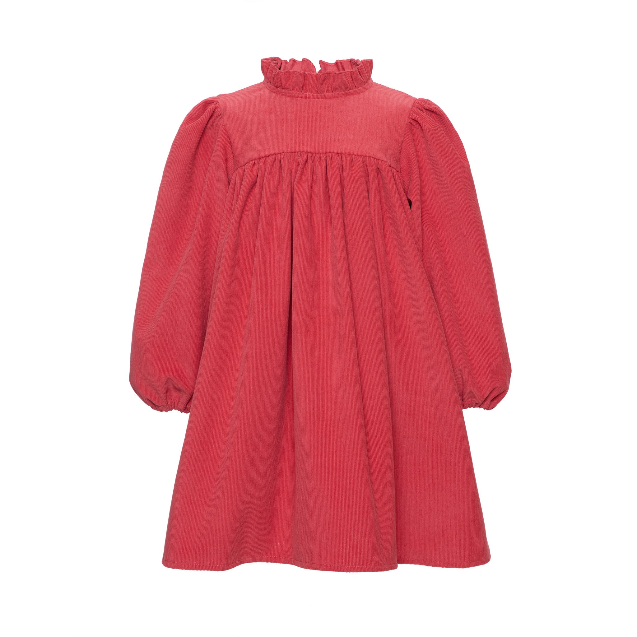 Ivy Corduroy Dress With Ruffled Stand-up Collar, Red