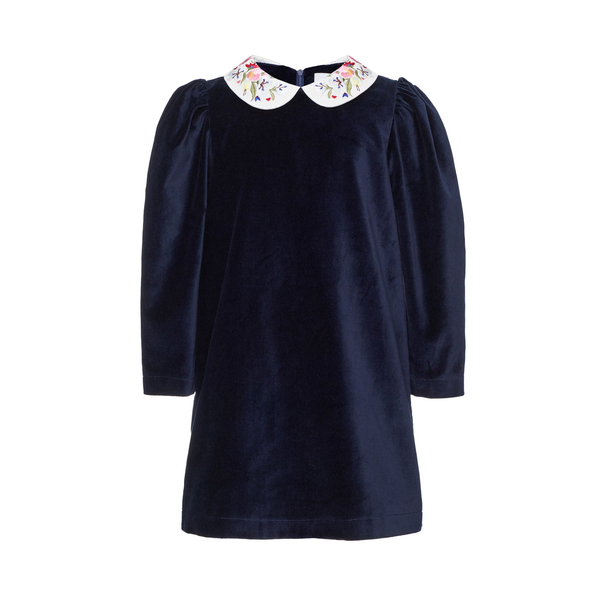 Haven Velvet A-Line Dress With Embroidered Peter Pan Collar, Dark Blue