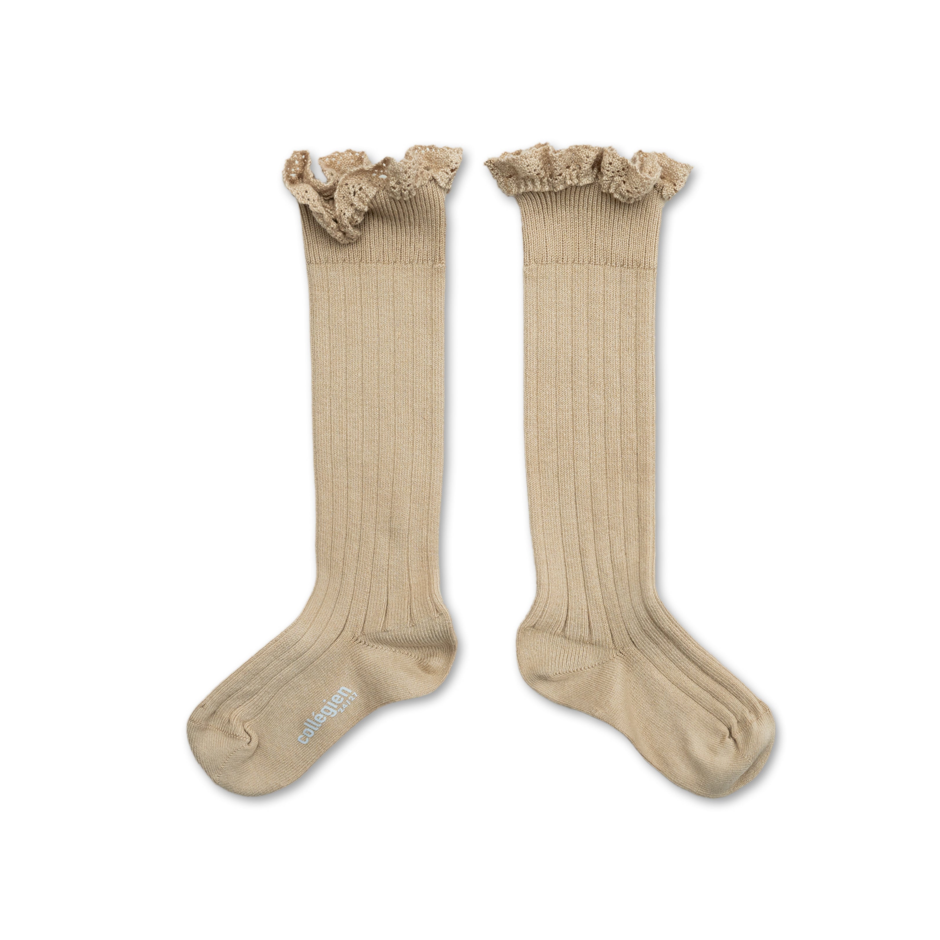 High ribbed socks with lace Josephine, Sand