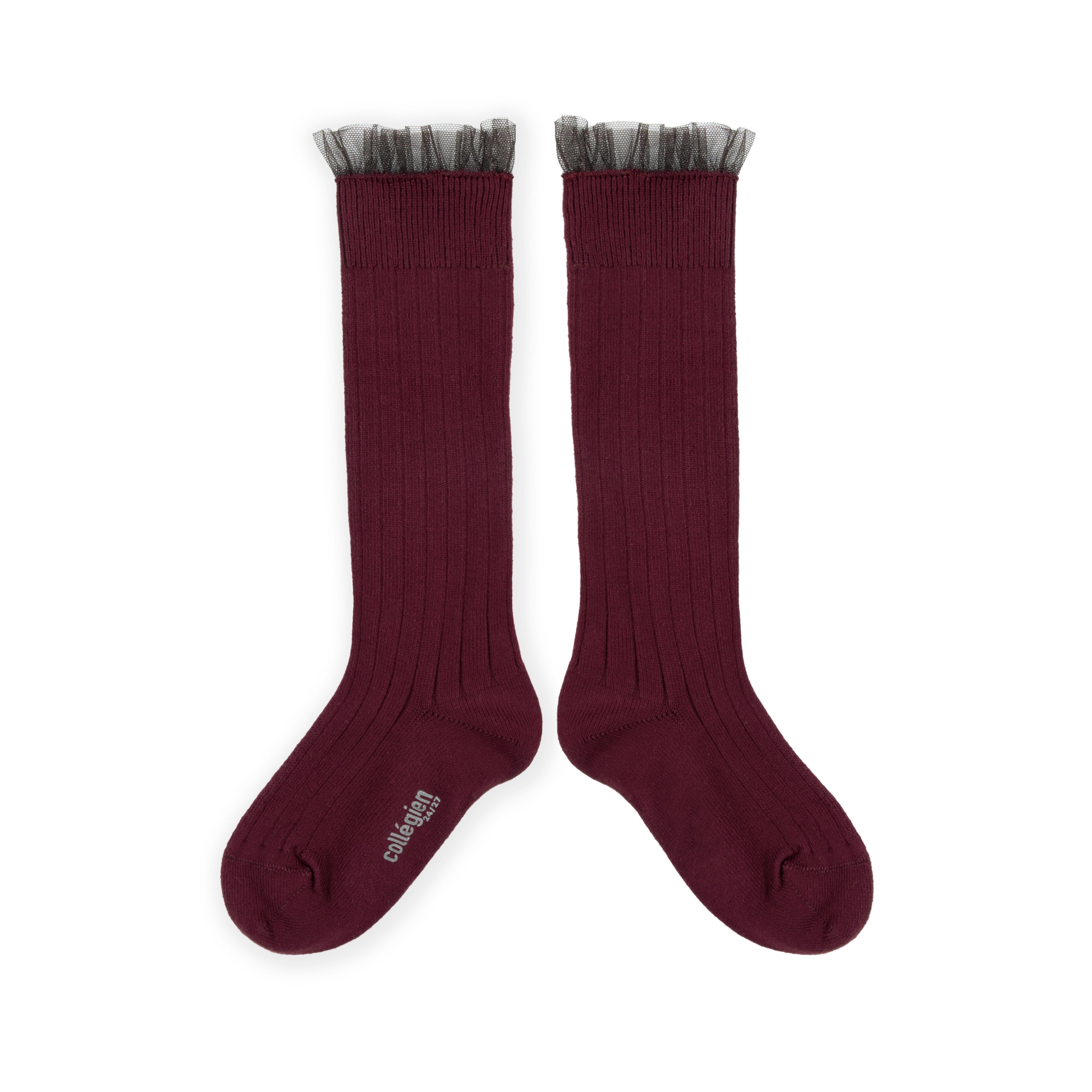 Tulle Frill Ribbed Knee-high Socks Manon, Bordeaux