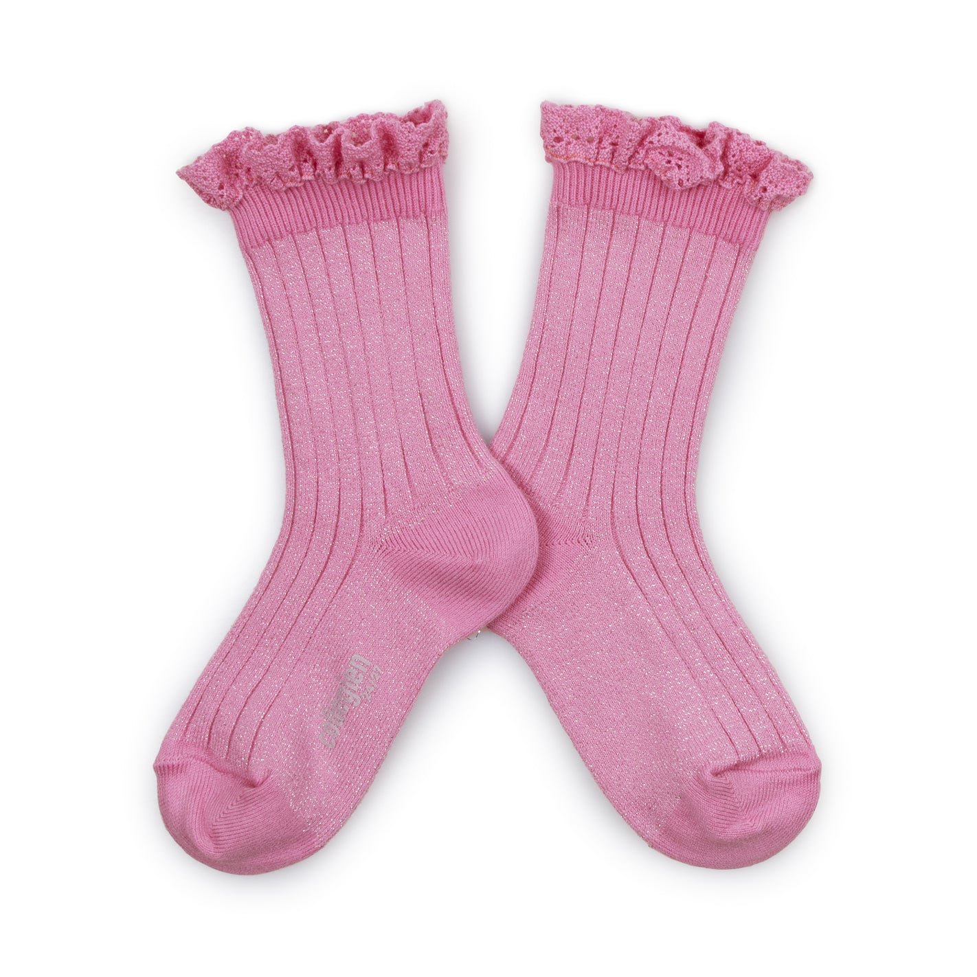 Shiny ribbed sock with lace Victorine, Candy Pink