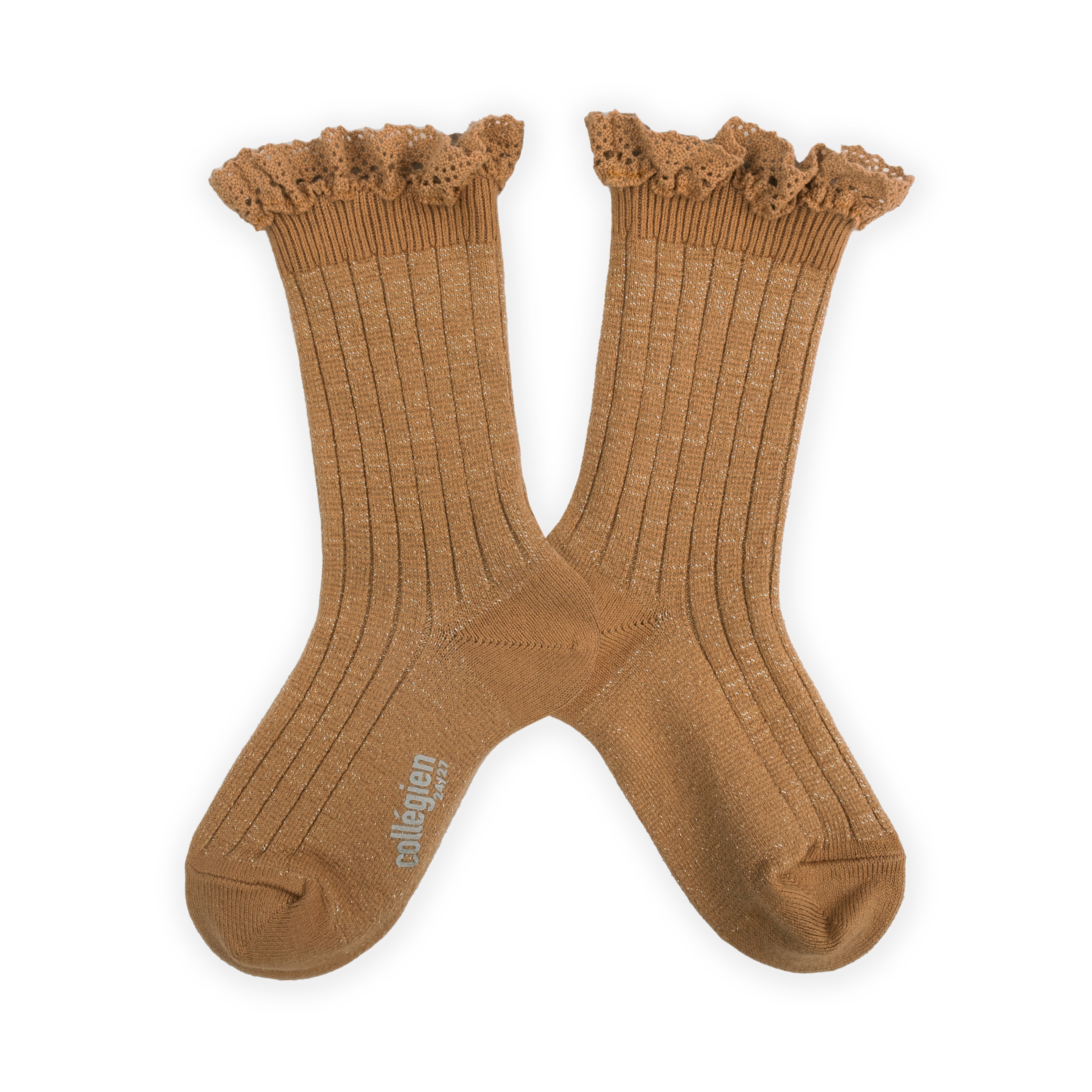 Shiny ribbed sock with lace Victorine, Caramel