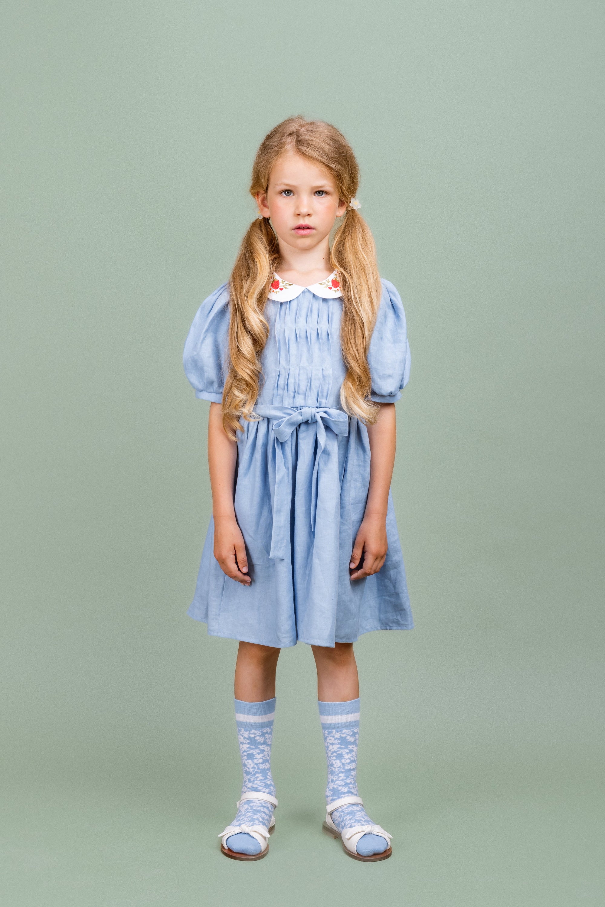 Linen Dress with Belt and Embroidered Collar Afternoon, Blue