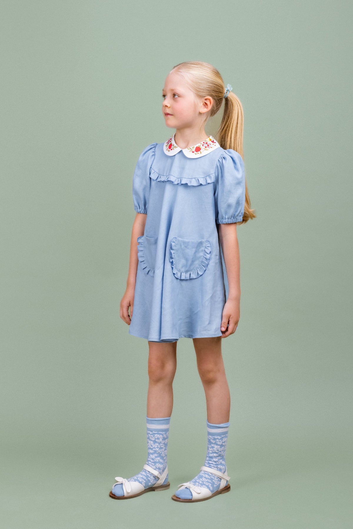 Linen Dress with Embroidered Collar Afternoon, Blue