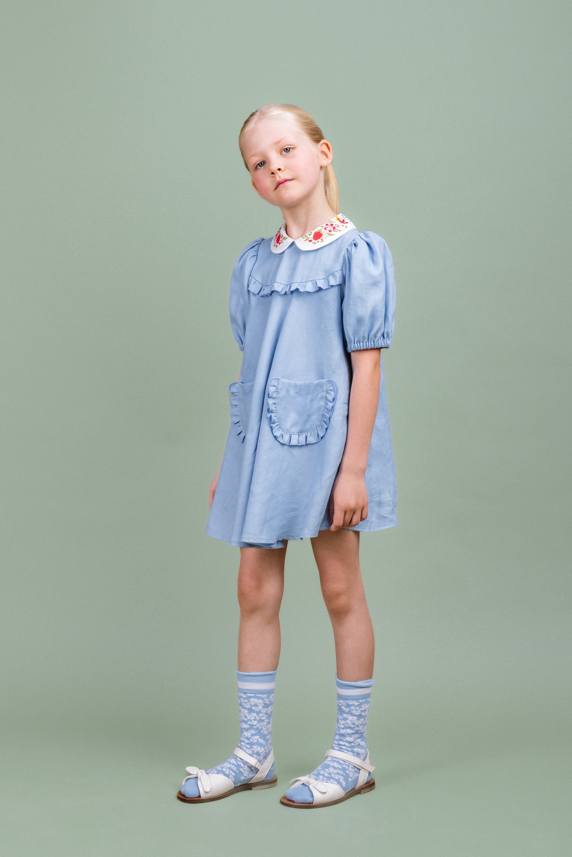 Linen Dress with Embroidered Collar Afternoon, Blue