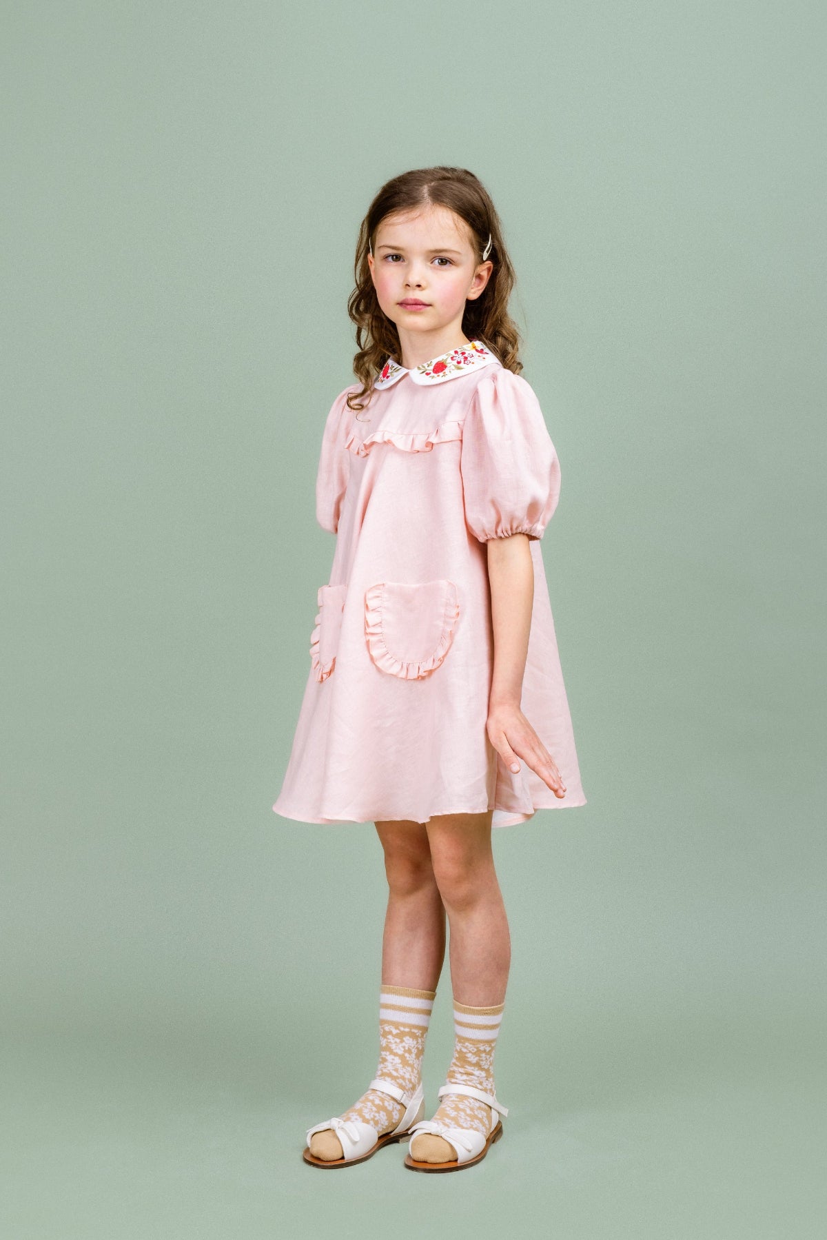 Linen Dress with Embroidered Collar Afternoon, Pink