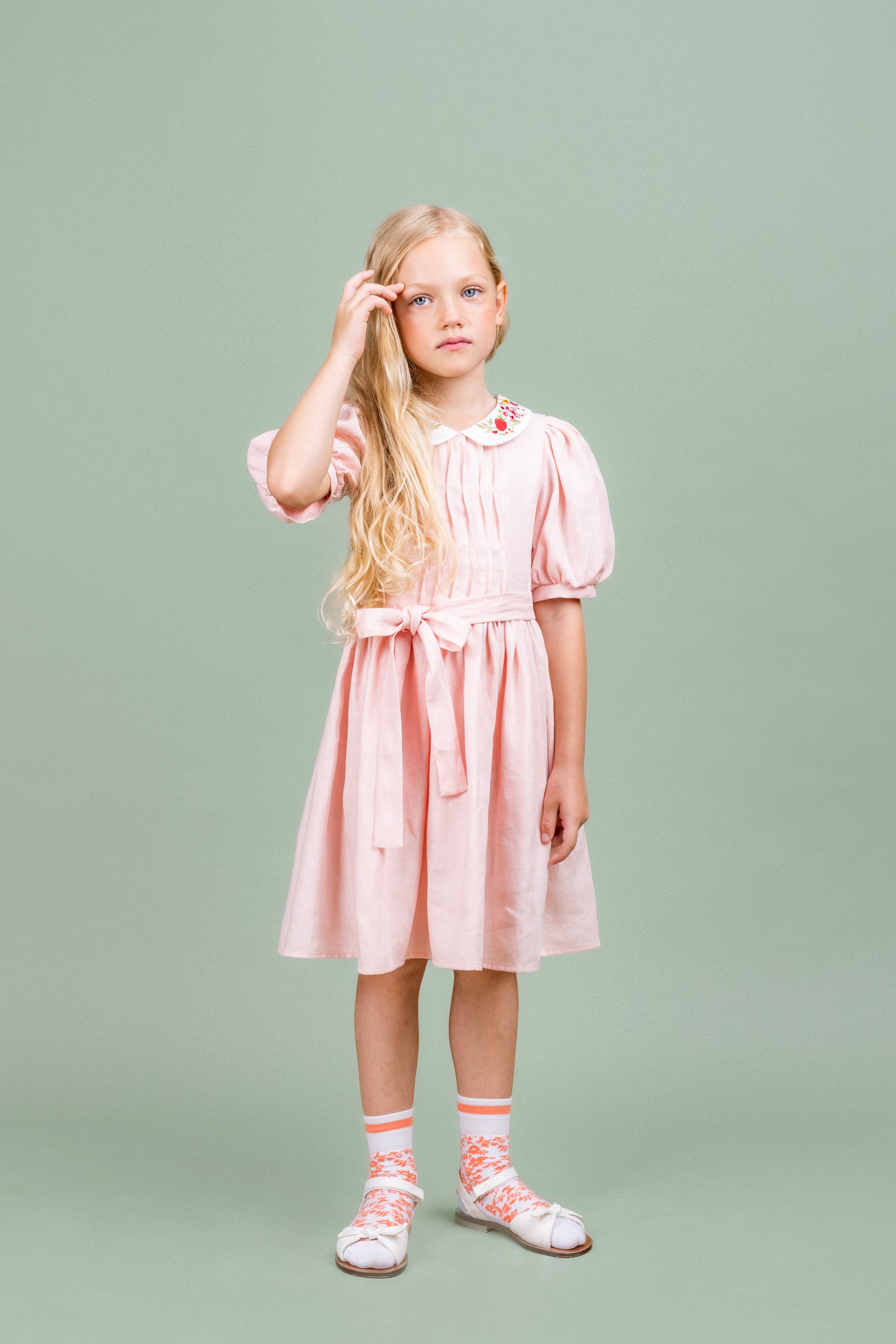 Linen Dress with Belt and Embroidered Collar Afternoon, Pink