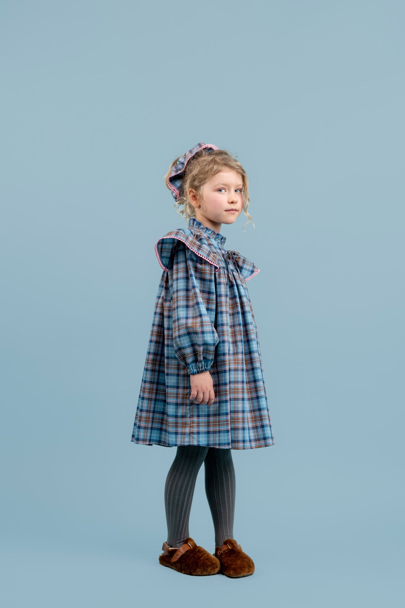 Willow Cotton Dress With Ruffled Stand-up Collar, Blue
