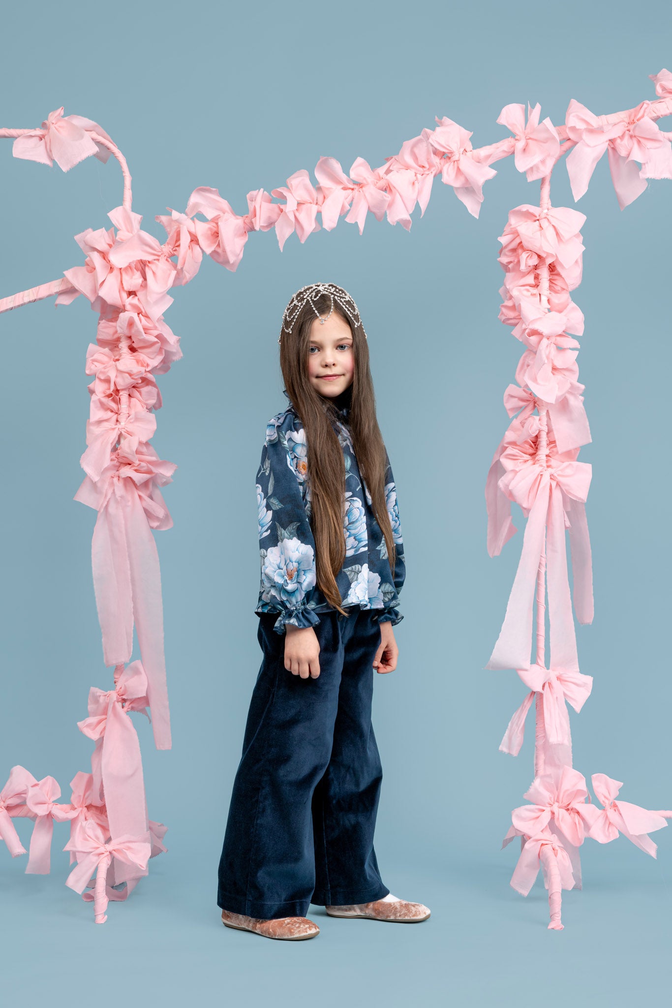 Florence Silk Blouse With Ruffled Stand-up Collar, Blue