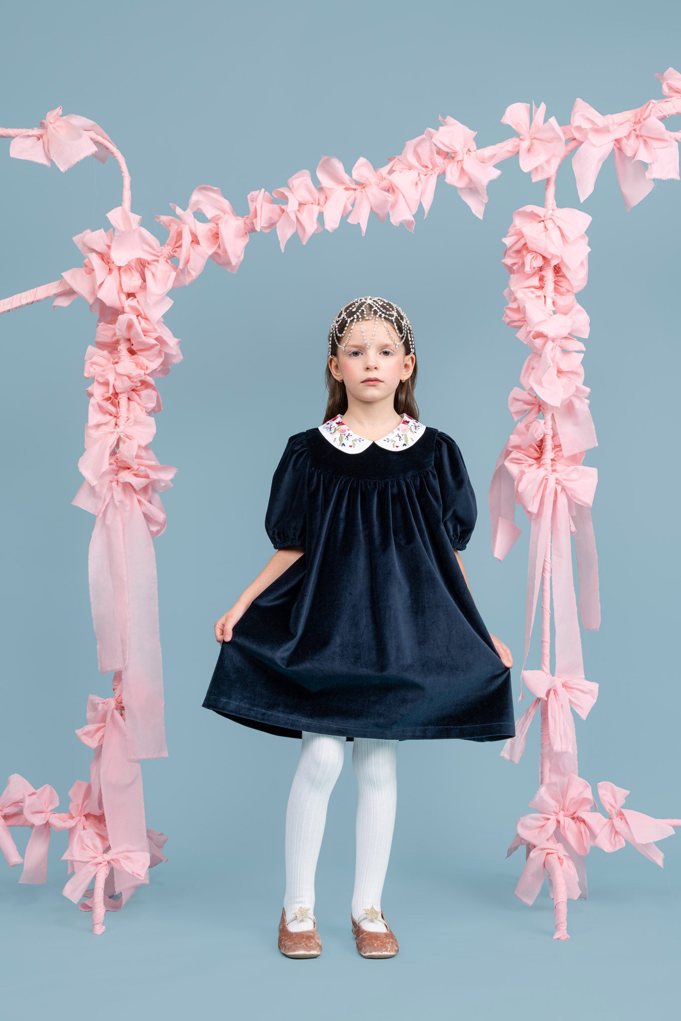 Haven Velvet Dress With Embroidered Peter Pan Collar, Dark Blue