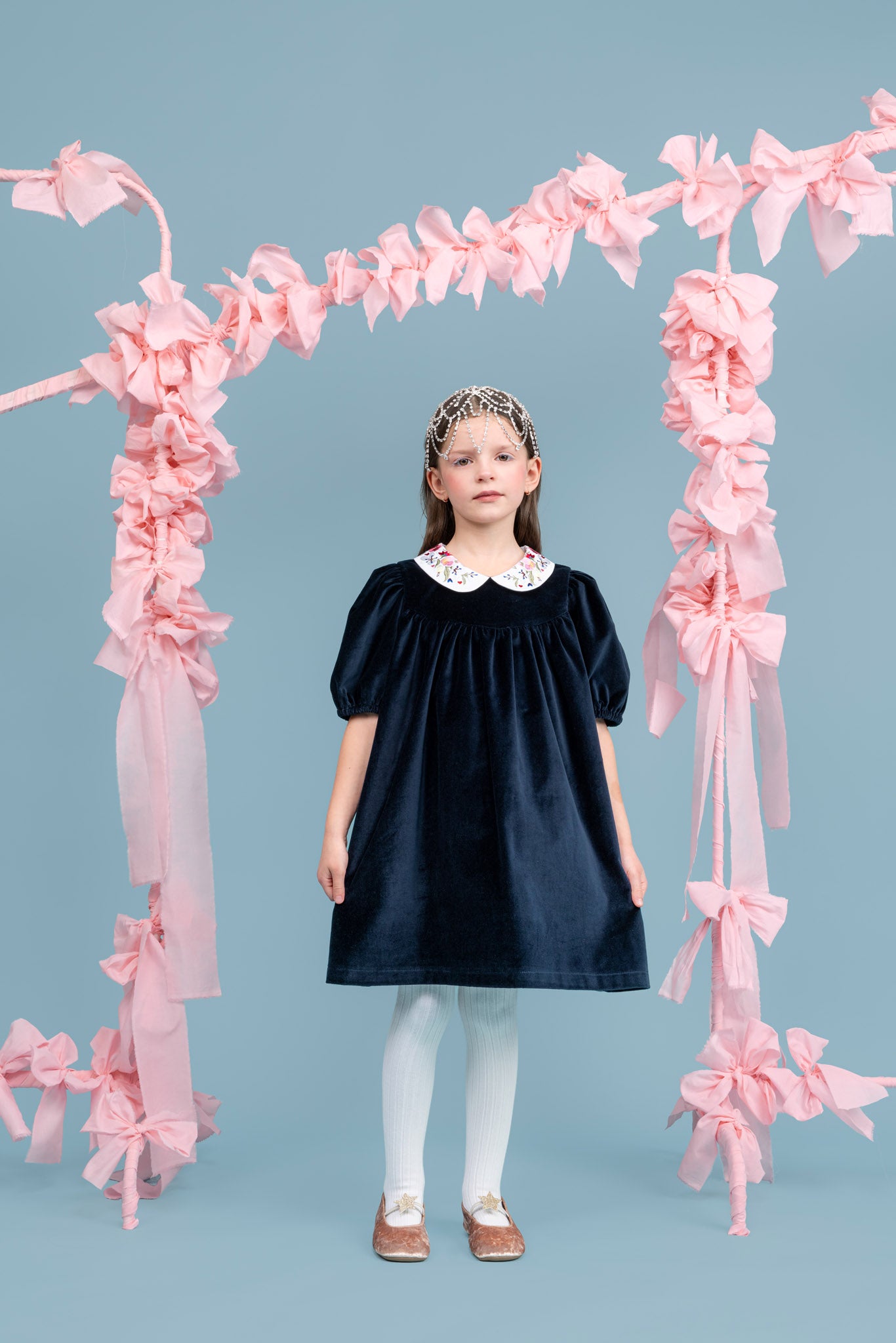Haven Velvet Dress With Embroidered Peter Pan Collar, Dark Blue