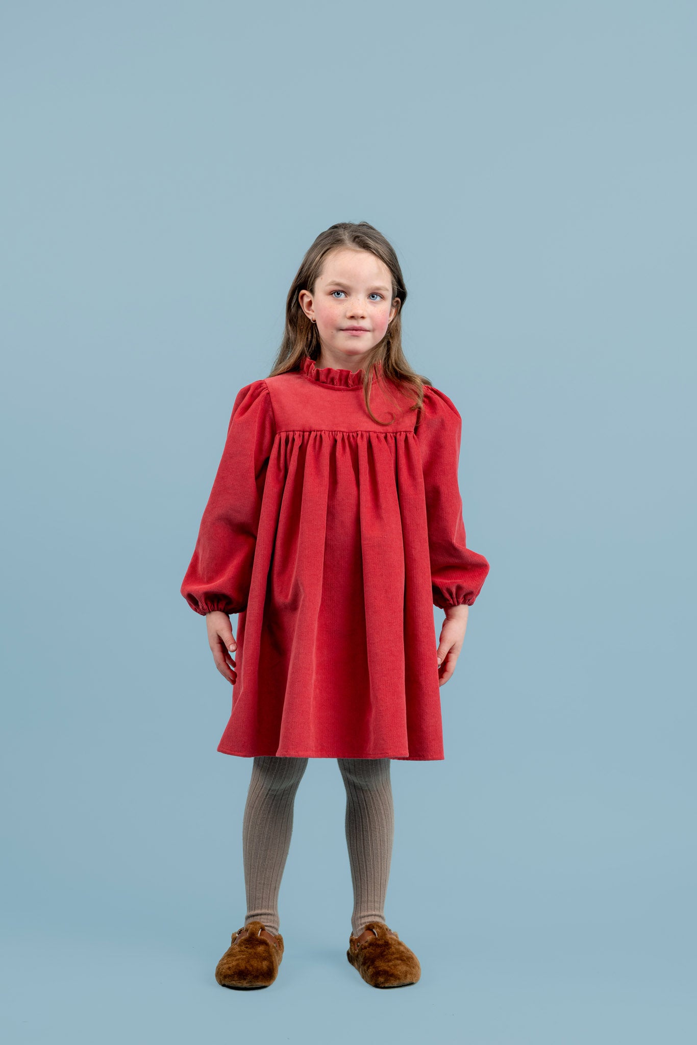 Ivy Corduroy Dress With Ruffled Stand-up Collar, Red