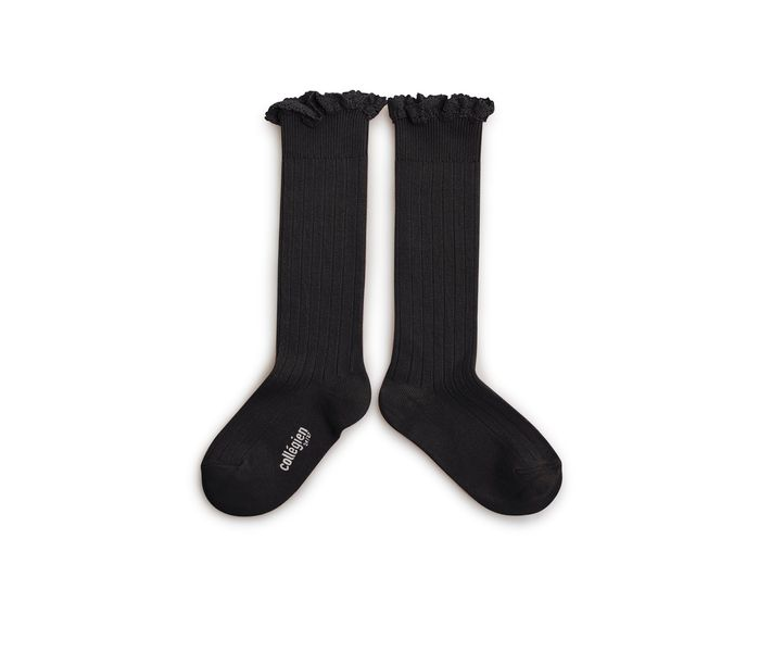 High ribbed socks with lace Josephine, Charcoal black