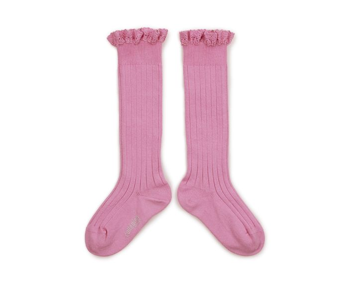 High ribbed socks with lace Josephine, Candy Pink