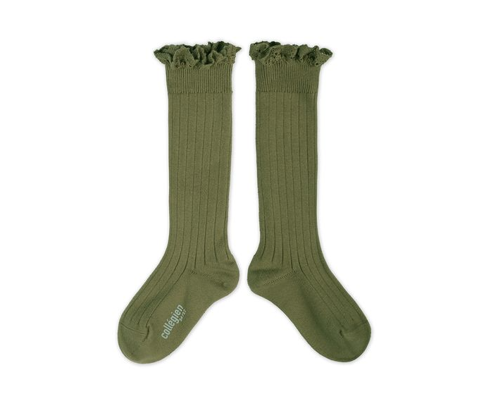 High ribbed socks with lace Josephine, Olive