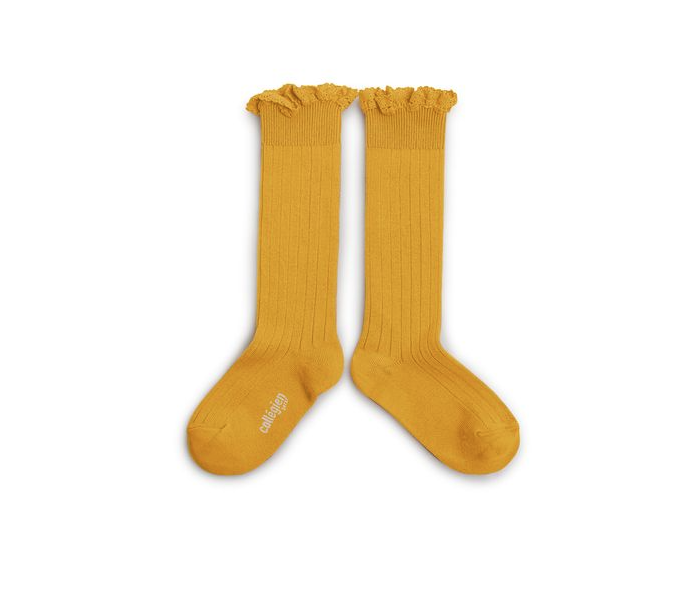 High ribbed socks with lace Josephine, Turmeric