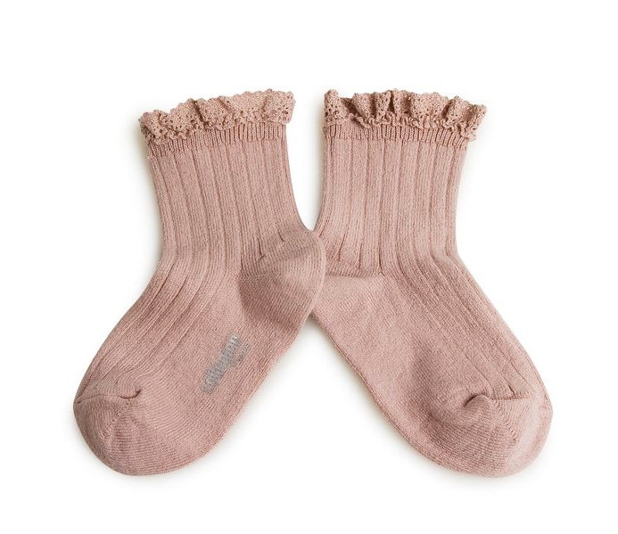 Short ribbed socks with lace Lili, Blush Pink