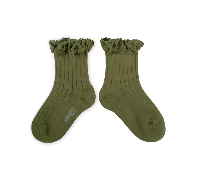 Short ribbed socks with lace Lili, Olive