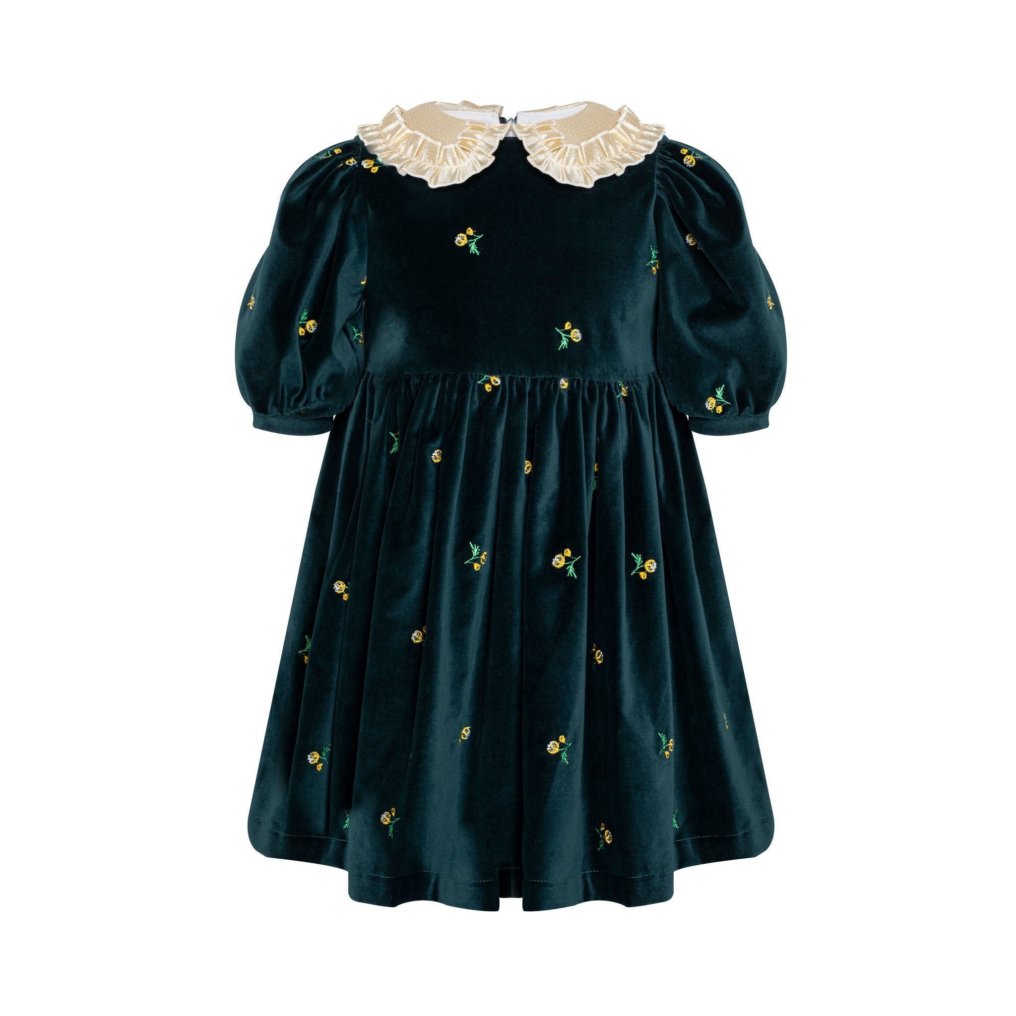 Cotton Velvet Dress Removable Collar Emerald, Green