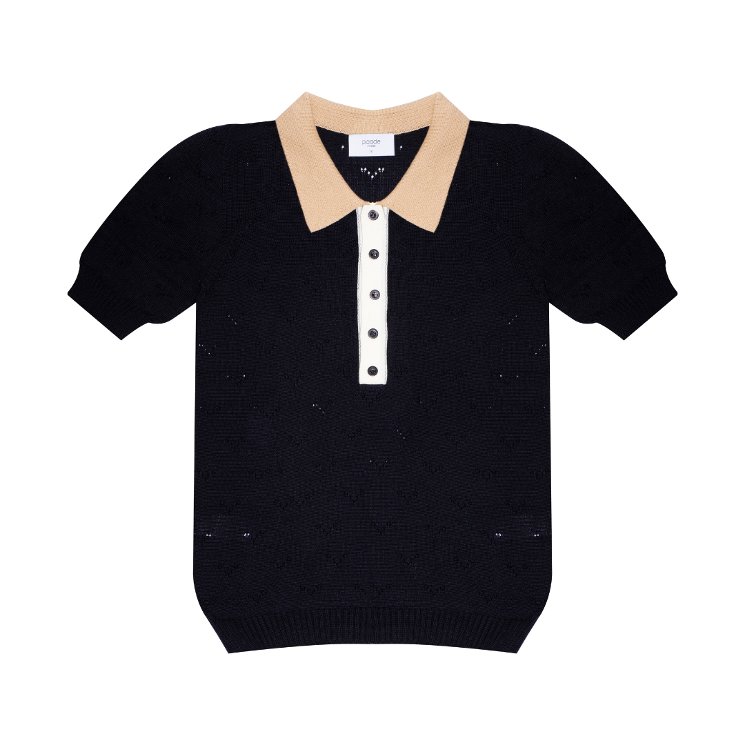Seamless Knit Polo Shirt Wave Woman, Black