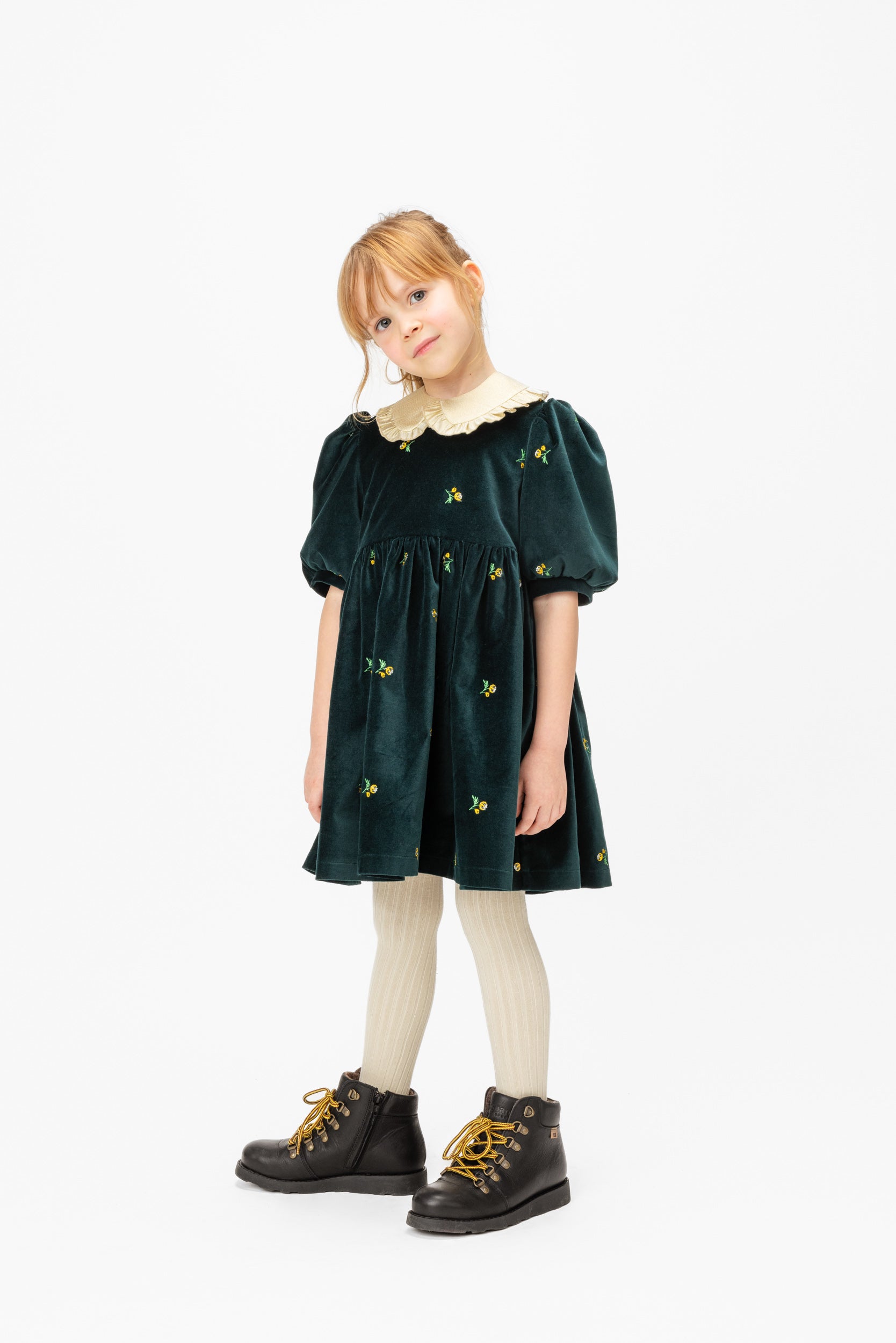 Cotton Velvet Dress Removable Collar Emerald, Green