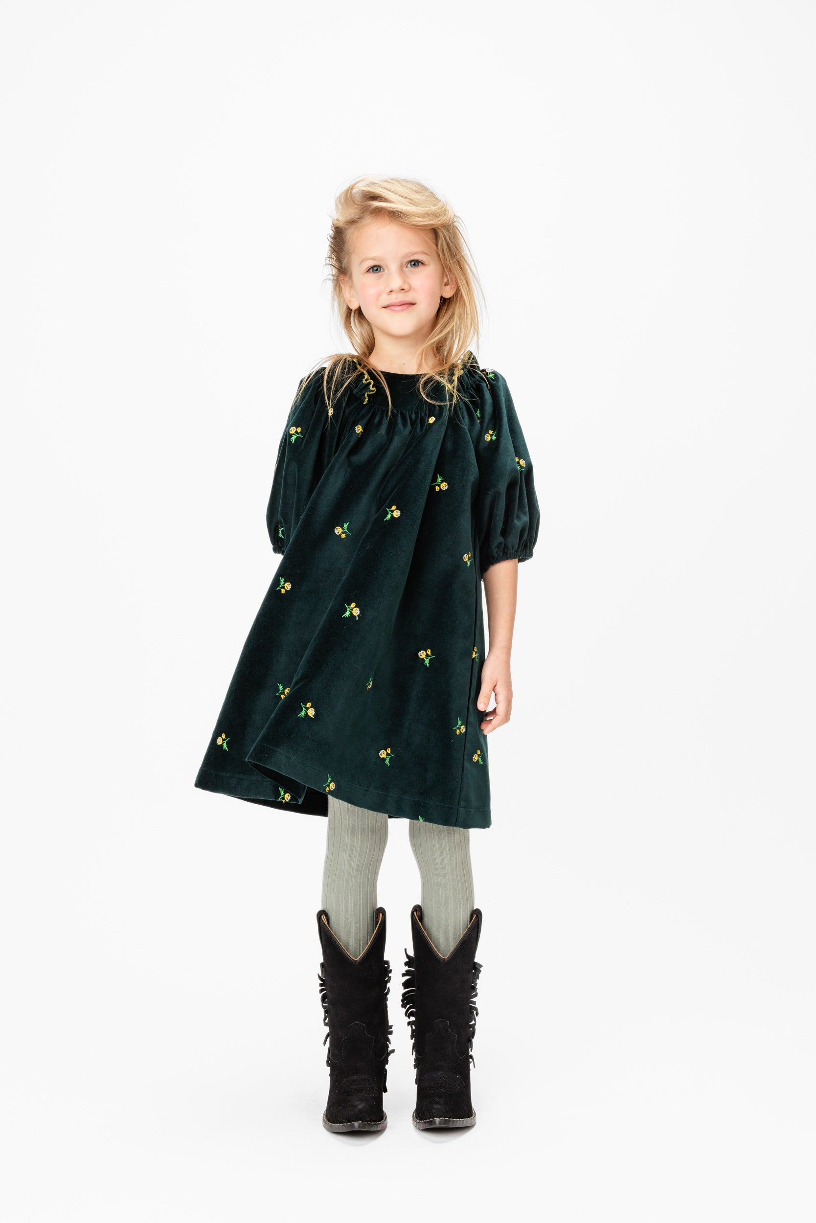 Cotton Velvet Dress Puff Sleeves Emerald, Green