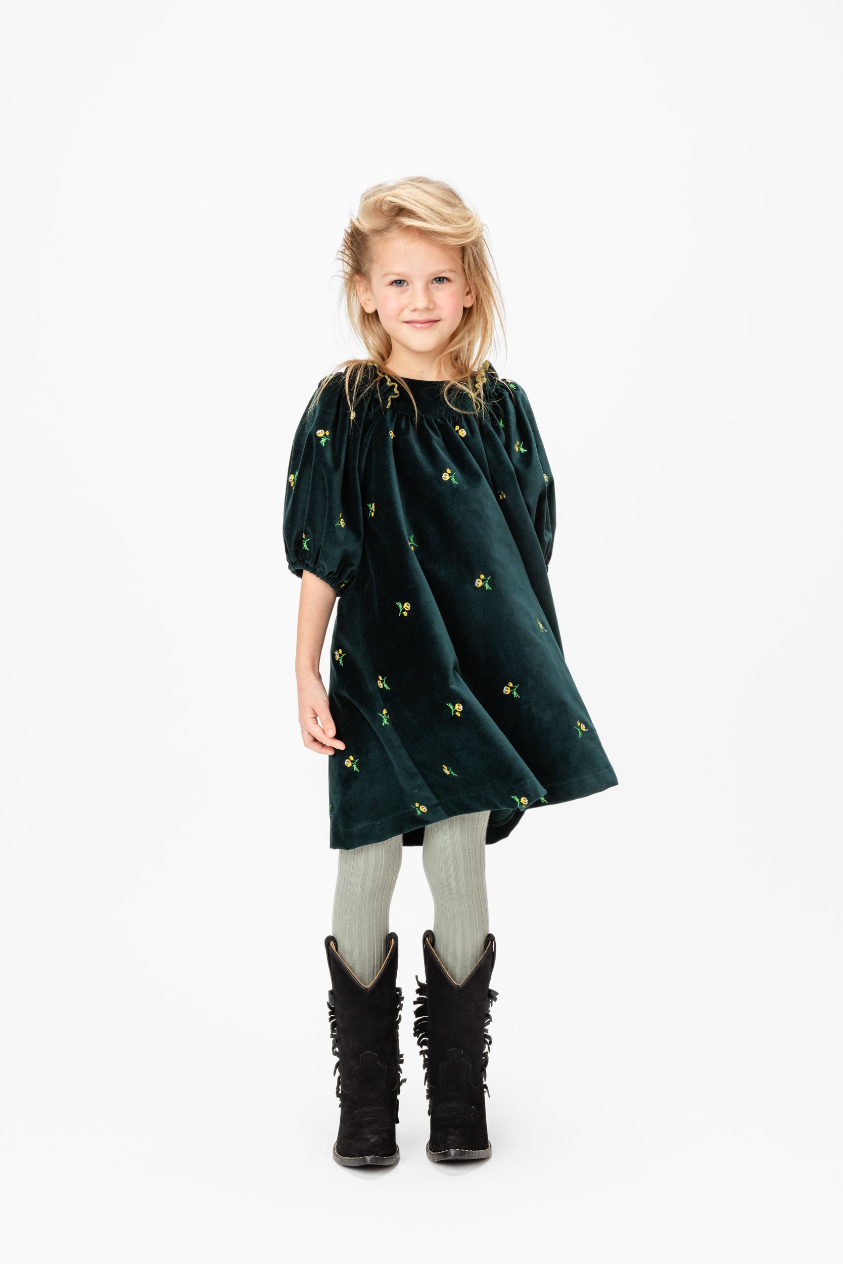 Cotton Velvet Dress Puff Sleeves Emerald, Green