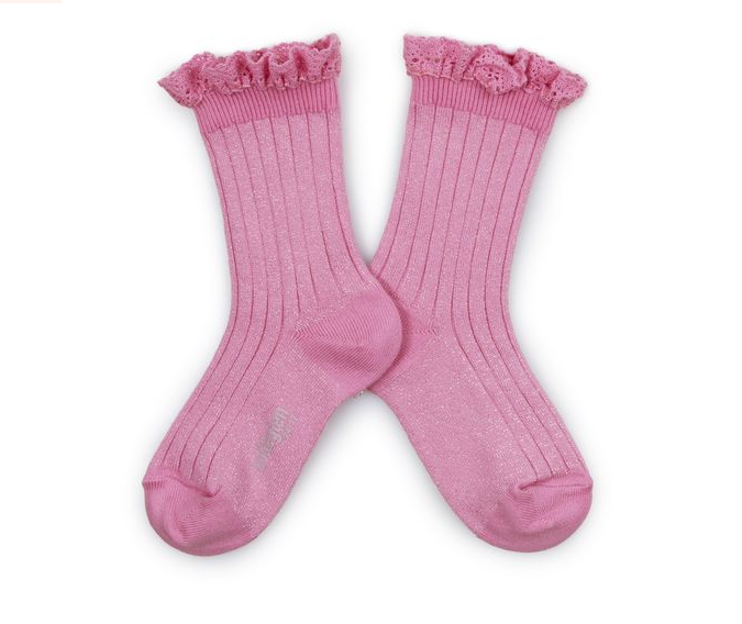 Shiny ribbed sock with lace Victorine, Candy Pink