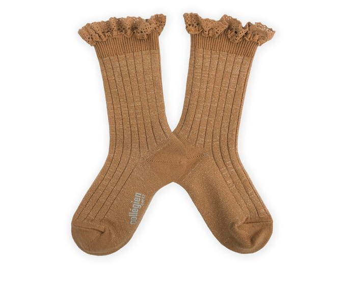 Shiny ribbed sock with lace Victorine, Caramel